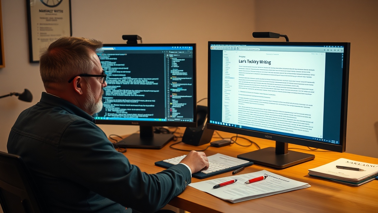Technical documentation engineer working on dual monitors with a terminal and code editor, displaying a pipeline dashboard