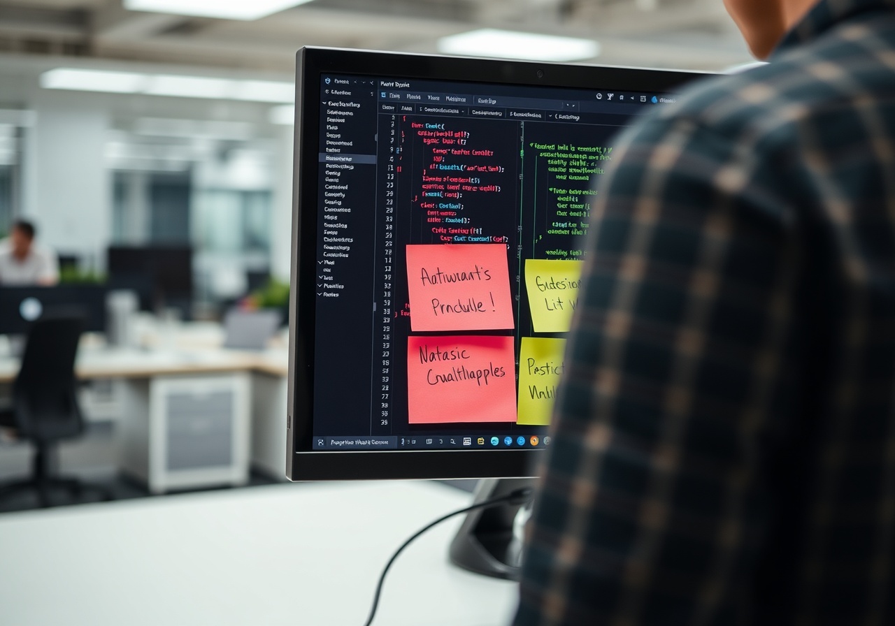 Developer working at standing desk with code on screen